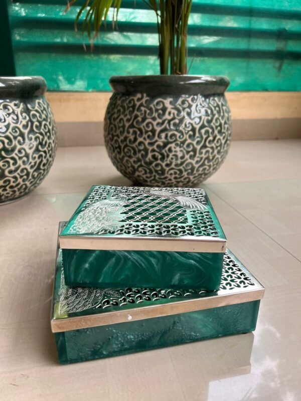 Green resin box with beautiful peacock design german silver lid - Image 3